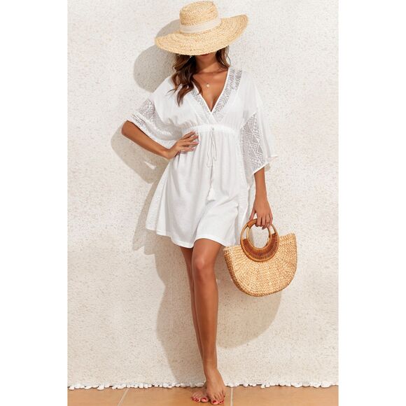 White Kimono Sleeve Swim Cover Up – Boho Beach Dress Bathing Suit Layer Tassel - Picture 1 of 3